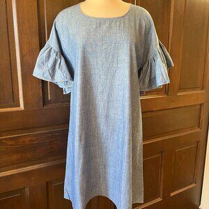 Maison Labiche Paris Anthropologie Blue Chambray Shift Dress Cotton Ruffle Sleev